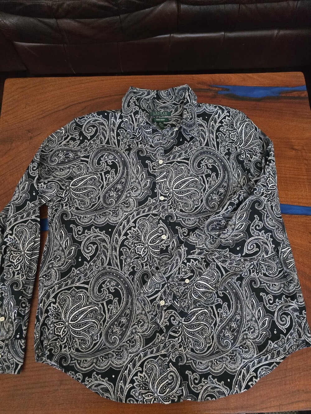 Lauren Ralph Lauren Black and White Paisley Button-Down Shirt XL 100% Cotton
